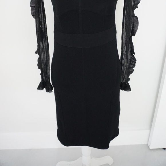 Herve Leger Black Ruffle Sheer Sleeve Corset Midi Dress Evening Cocktail Holiday - Picture 11 of 16